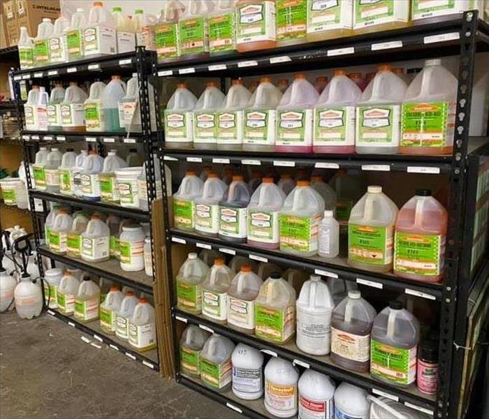 shelf full of SERVPRO cleaning products 